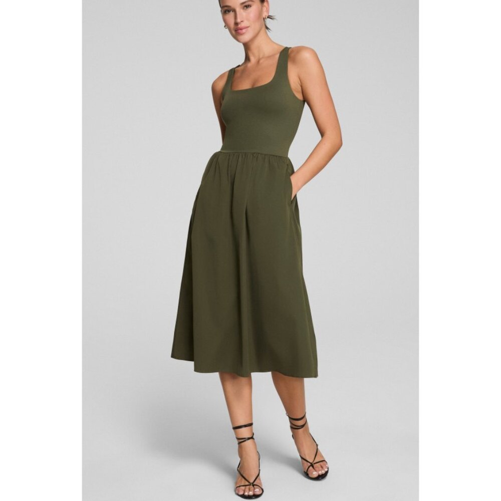 Spanx Jersey Scoop Neck Tank Midi Dress Dark Pine Olive A-Line Maxi Sundress S
